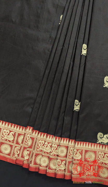 Pure Banarasi  Handloom Katan Silk  Antique Zari Saree In Shades Of Black With Red Border Pure Kataan Silk Bharat Silk House