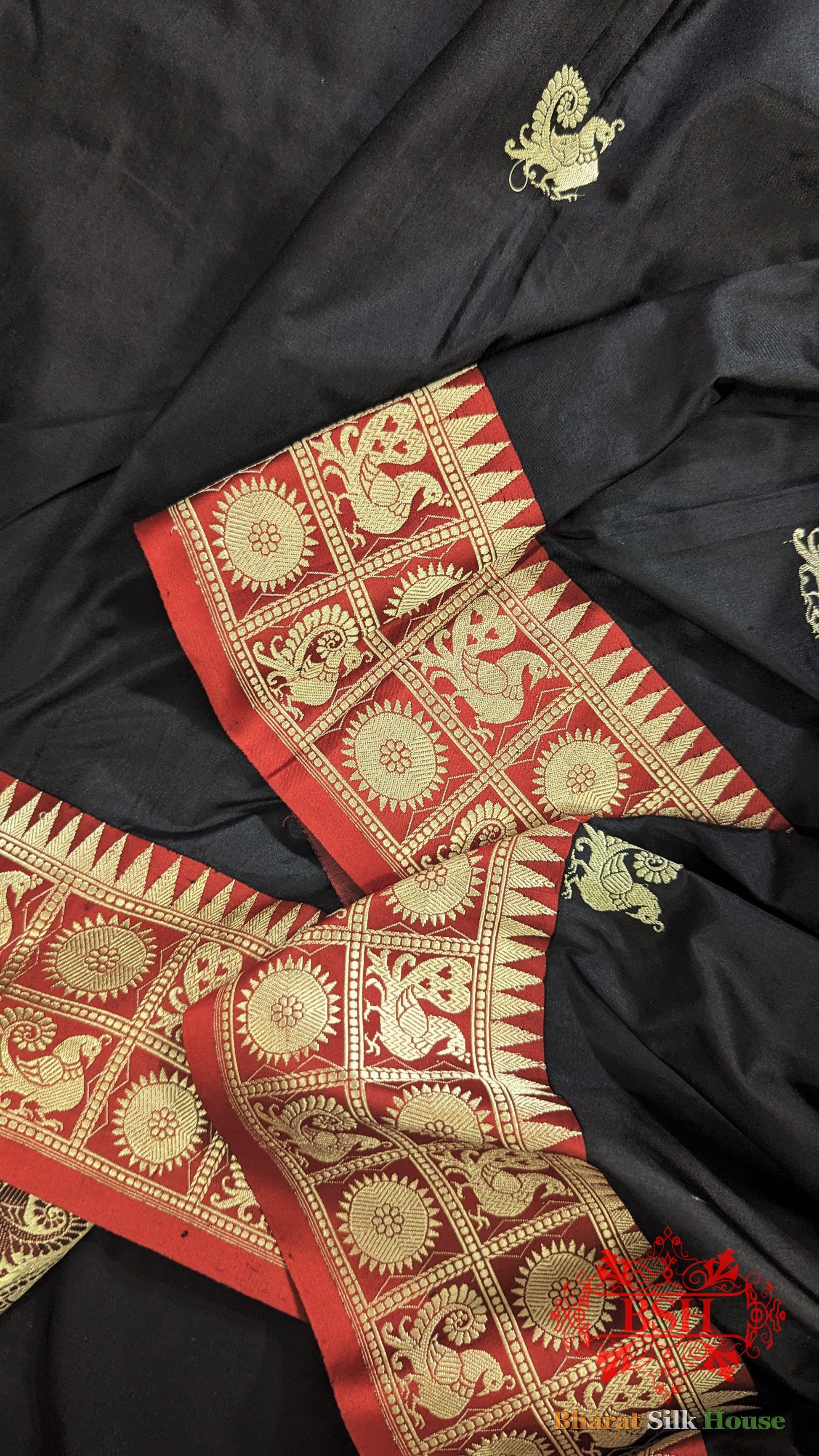 Pure Banarasi  Handloom Katan Silk  Antique Zari Saree In Shades Of Black With Red Border Pure Kataan Silk Bharat Silk House