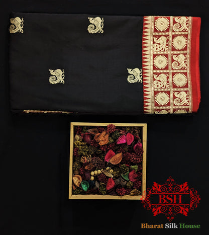 Pure Banarasi  Handloom Katan Silk  Antique Zari Saree In Shades Of Black With Red Border Pure Kataan Silk Bharat Silk House
