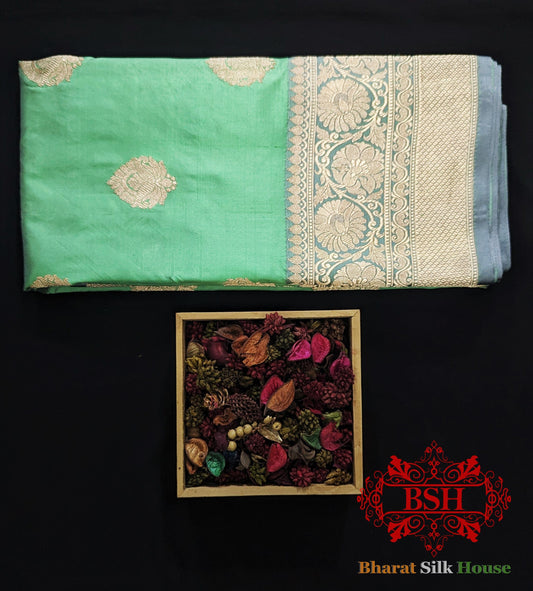 Pure Banarasi  Handloom Katan Silk  Antique Zari Saree In Shades Of Green Pure Kataan Silk Bharat Silk House