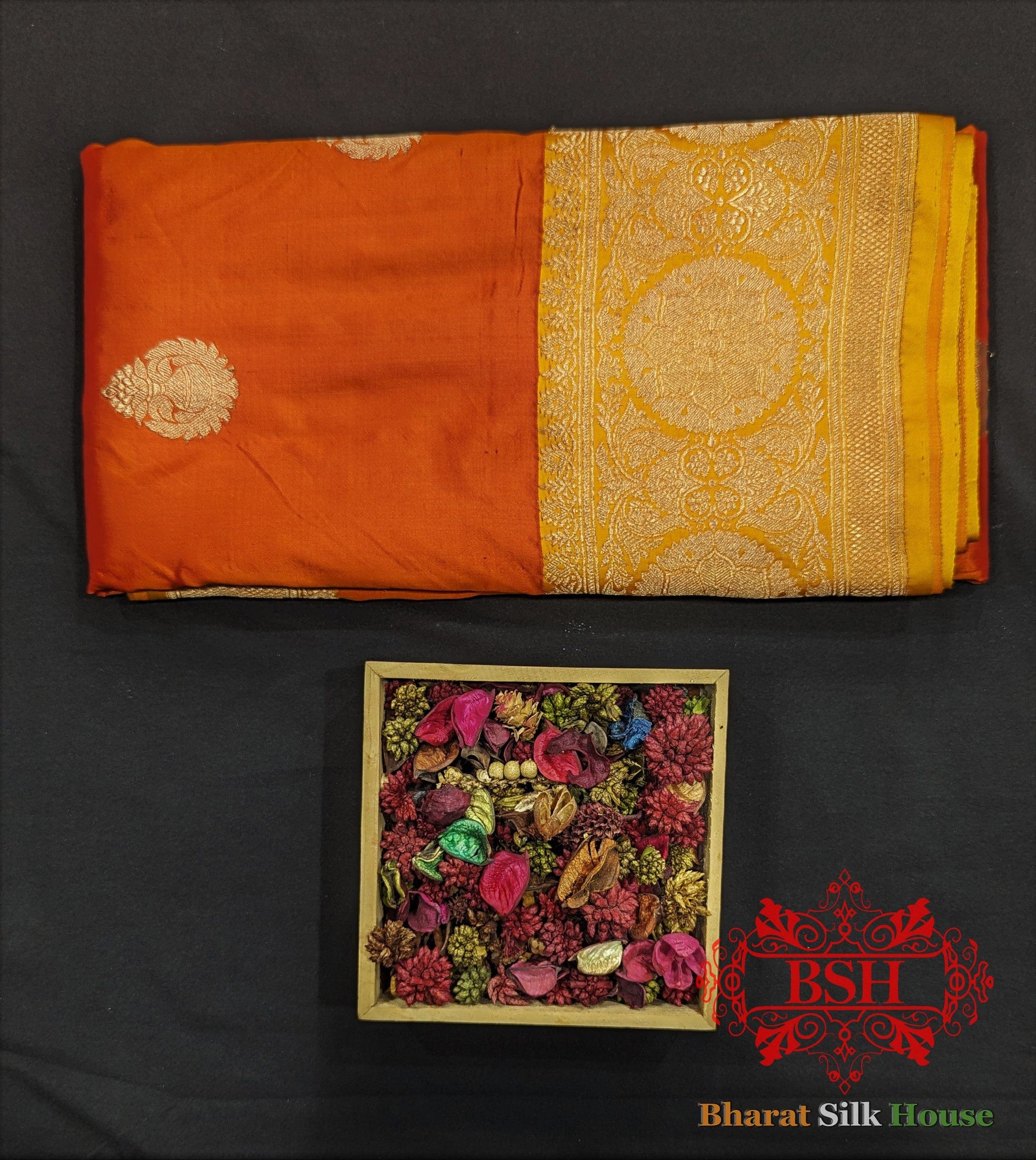 Pure Banarasi Handloom Katan Silk  Antique Zari Saree In Shades Of Orange Pure Kataan Silk Bharat Silk House