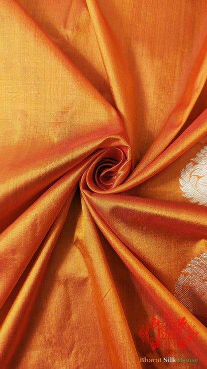 Pure Banarasi Handloom Katan Silk  Antique Zari Saree In Shades Of Orange Pure Kataan Silk Bharat Silk House