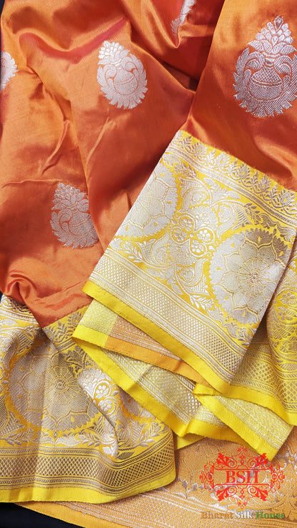 Pure Banarasi Handloom Katan Silk  Antique Zari Saree In Shades Of Orange Pure Kataan Silk Bharat Silk House