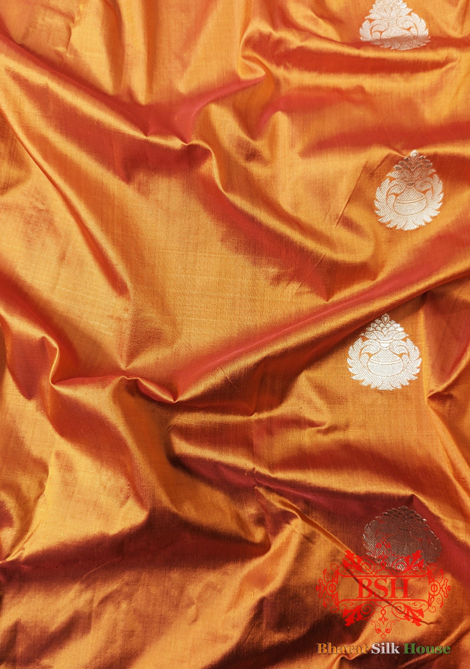 Pure Banarasi Handloom Katan Silk  Antique Zari Saree In Shades Of Orange Pure Kataan Silk Bharat Silk House