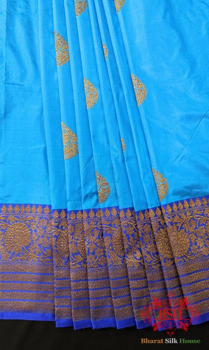 Pure Banarasi Handloom Katan Silk Antique Zari Saree In Shades Of Royal Blue Pure Kataan Silk Bharat Silk House