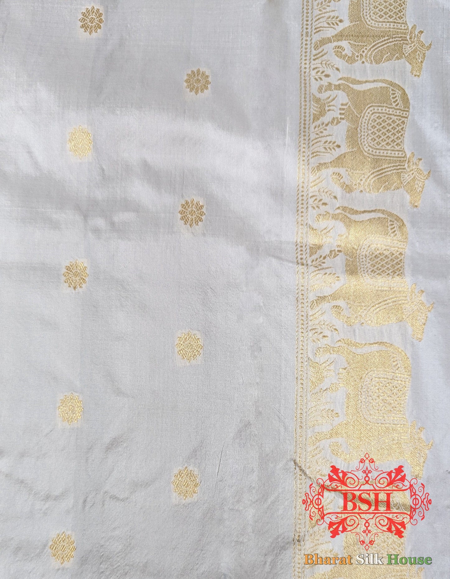 Pure Banarasi Handloom Katan Silk  Antique Zari Saree In Shades Of White Pure Kataan Silk Bharat Silk House