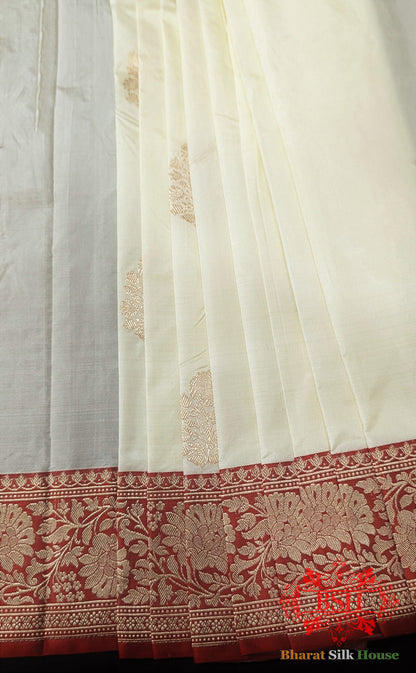 Pure Banarasi Handloom Katan Silk Antique Zari Saree In Shades Of White Pure Kataan Silk Bharat Silk House