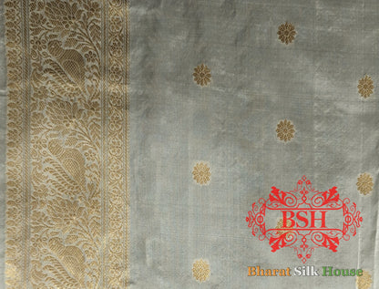 Pure Banarasi Handloom Katan Silk Antique Zari Saree In Shades Of White Pure Kataan Silk Bharat Silk House