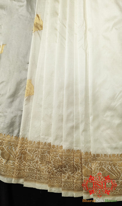 Pure Banarasi Handloom Katan Silk Antique Zari Saree In Shades Of White Pure Kataan Silk Bharat Silk House