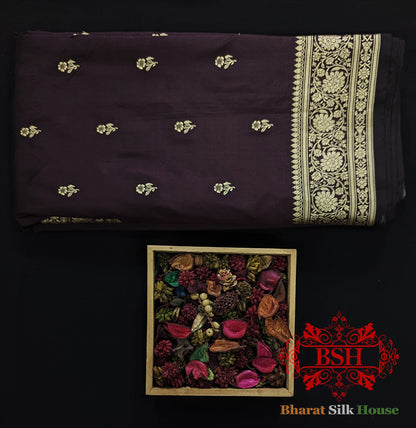 Pure Banarasi  Handloom Katan Silk  Antique Zari Saree In Shades Of Wine Pure Kataan Silk Bharat Silk House