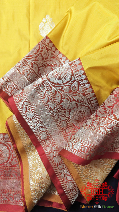 Pure Banarasi Handloom Katan Silk  Antique Zari Saree In Shades Of Yellow Pure Kataan Silk Bharat Silk House