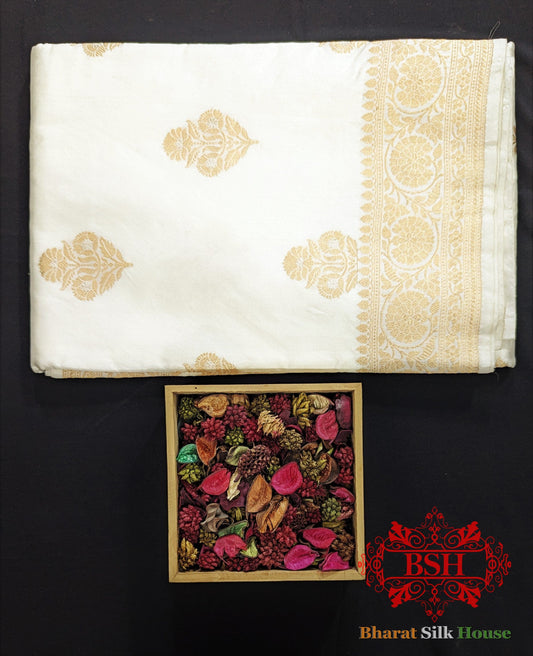 Pure Banarasi  Handloom Katan Silk Dyeable Antique Zari Saree In Shades Of White Pure Kataan Silk Bharat Silk House
