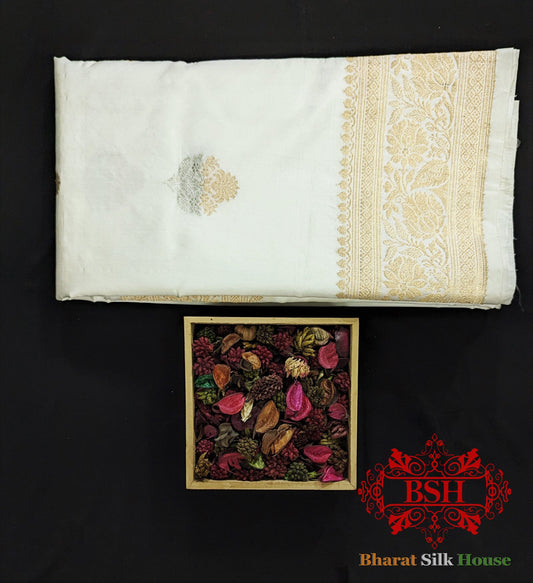 Pure Banarasi  Handloom Katan Silk Dyeable Meenakaari  Antique Zari Saree In Shades Of White Pure Kataan Silk Bharat Silk House