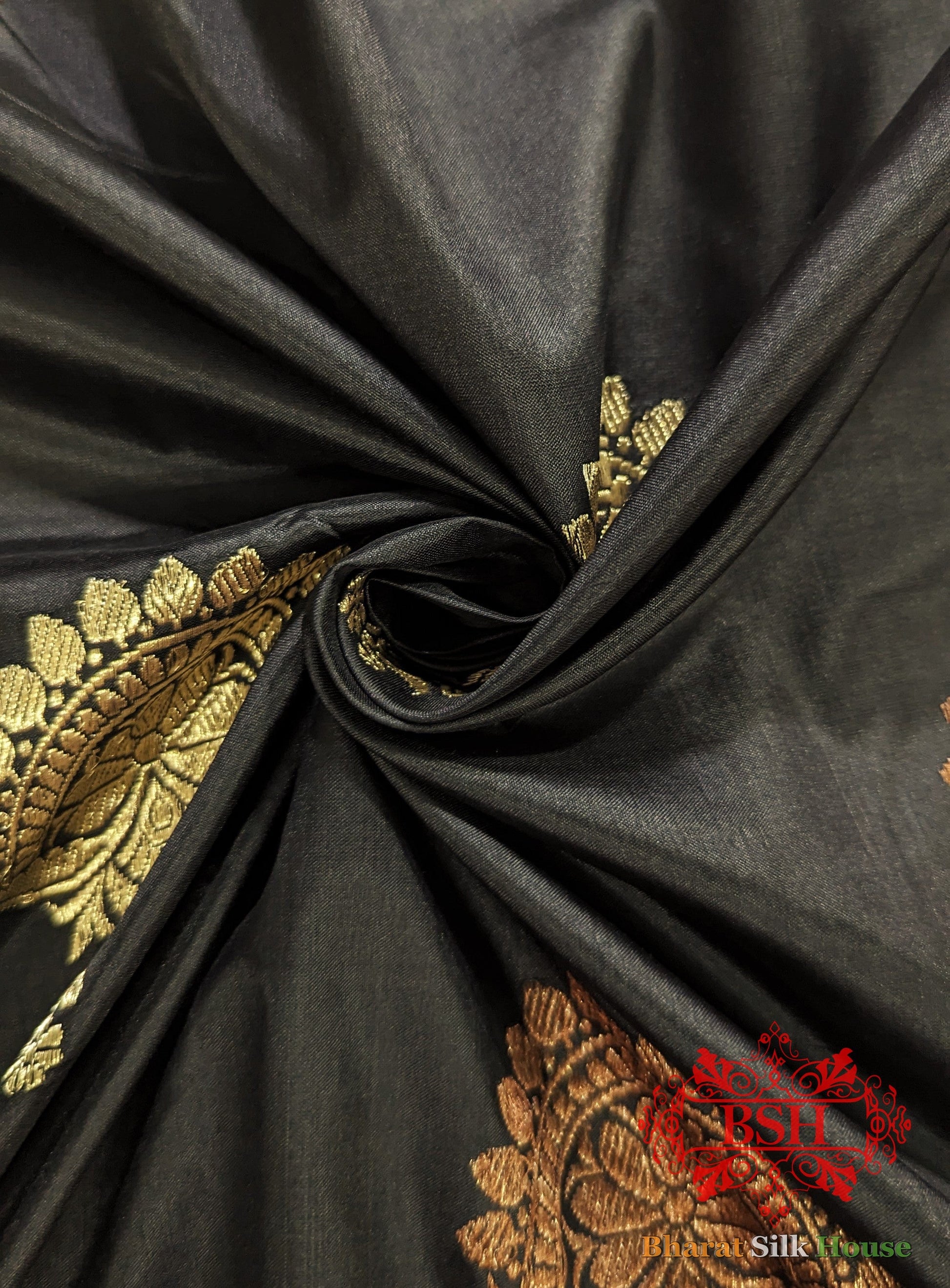 Pure Banarasi  Handloom Katan Silk Meenakari  Antique Double Zari Saree In Shades Of Black Pure Kataan Silk Bharat Silk House