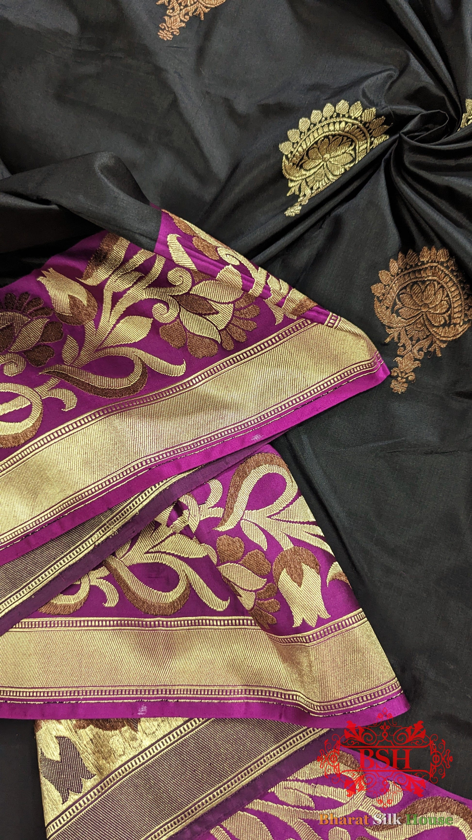 Pure Banarasi  Handloom Katan Silk Meenakari  Antique Double Zari Saree In Shades Of Black Pure Kataan Silk Bharat Silk House