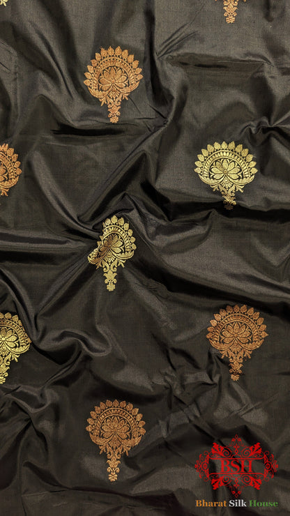 Pure Banarasi  Handloom Katan Silk Meenakari  Antique Double Zari Saree In Shades Of Black Pure Kataan Silk Bharat Silk House