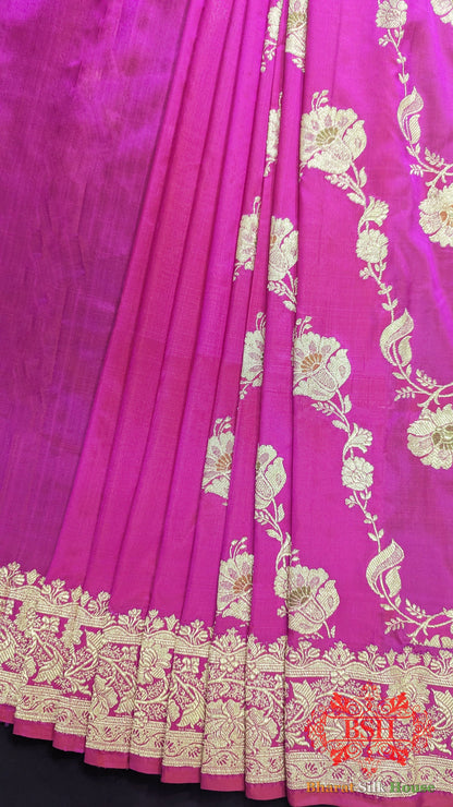 Pure Banarasi  Handloom Katan Silk Meenakari Antique Golden Zari Saree In Shades Of Rani Pure Kataan Silk Bharat Silk House