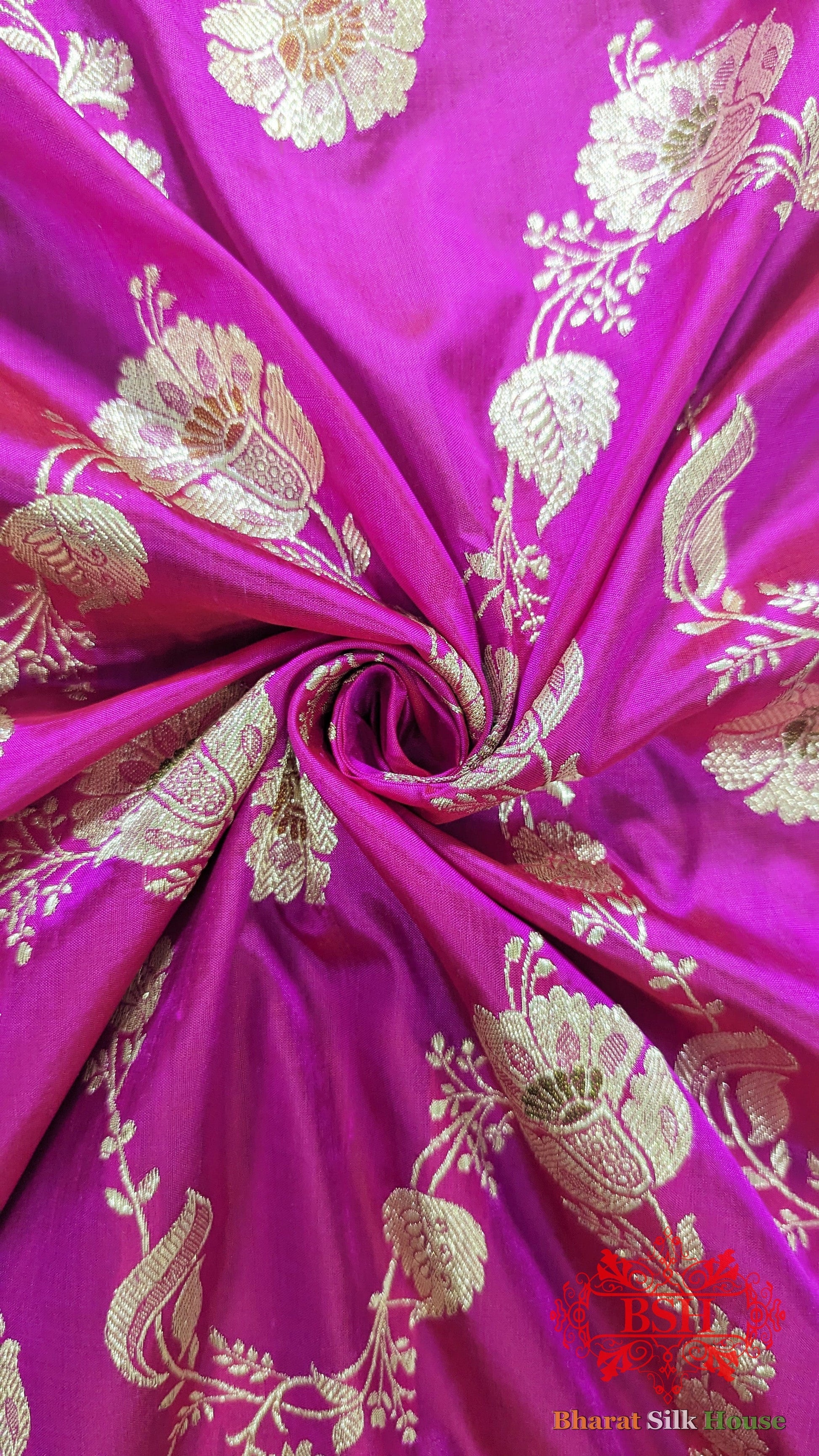 Pure Banarasi  Handloom Katan Silk Meenakari Antique Golden Zari Saree In Shades Of Rani Pure Kataan Silk Bharat Silk House