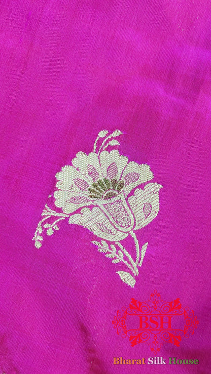 Pure Banarasi  Handloom Katan Silk Meenakari Antique Golden Zari Saree In Shades Of Rani Pure Kataan Silk Bharat Silk House