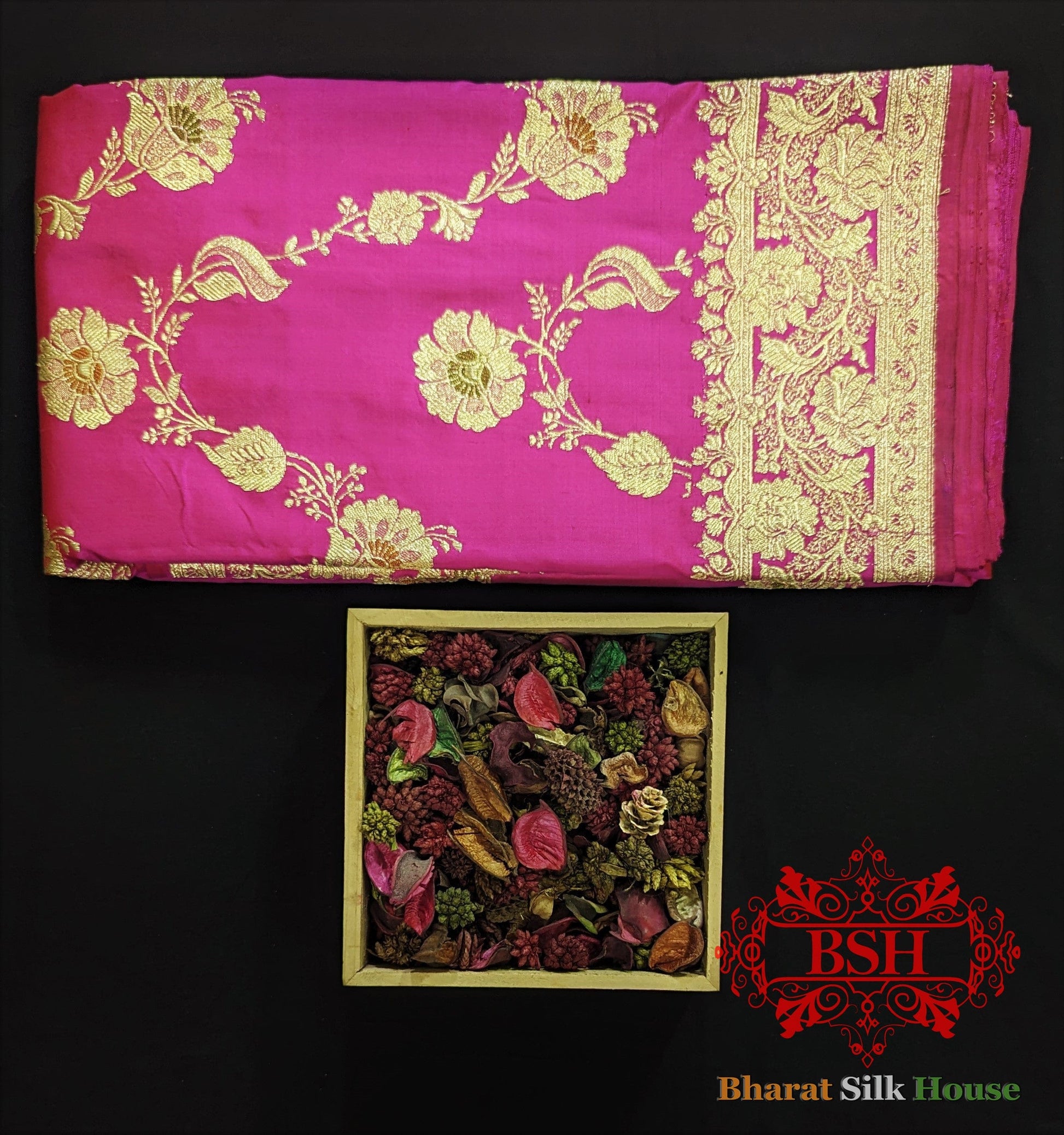 Pure Banarasi  Handloom Katan Silk Meenakari Antique Golden Zari Saree In Shades Of Rani Pure Kataan Silk Bharat Silk House