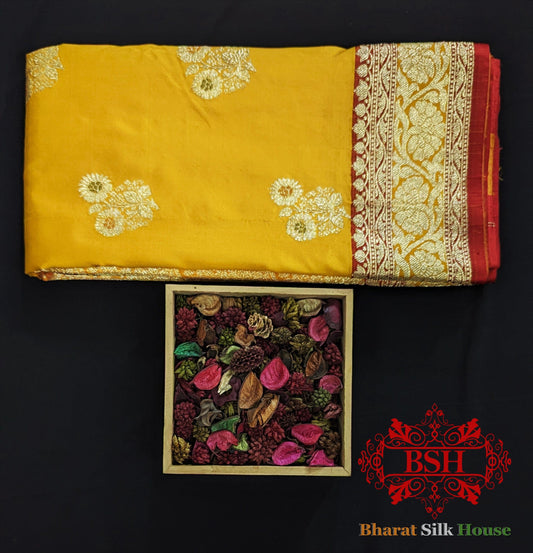 Pure Banarasi  Handloom Katan Silk Meenakari  Antique Golden Zari Saree In Shades Of Yellow Pure Kataan Silk Bharat Silk House