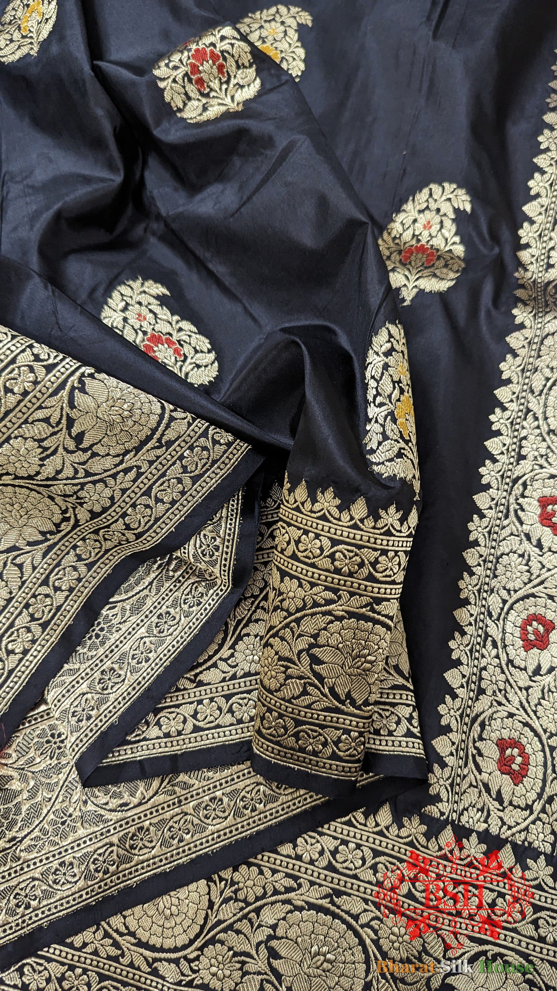 Pure Banarasi Handloom Katan Silk Meenakari  Antique Zari Saree In Shades Of Black Pure Kataan Silk Bharat Silk House