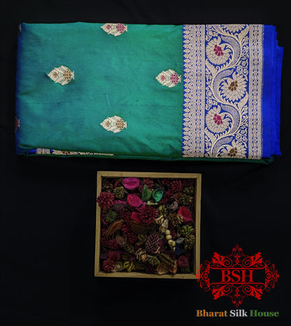 Pure Banarasi  Handloom Katan Silk Meenakari Antique Zari Saree In Shades Of Blue Pure Kataan Silk Bharat Silk House