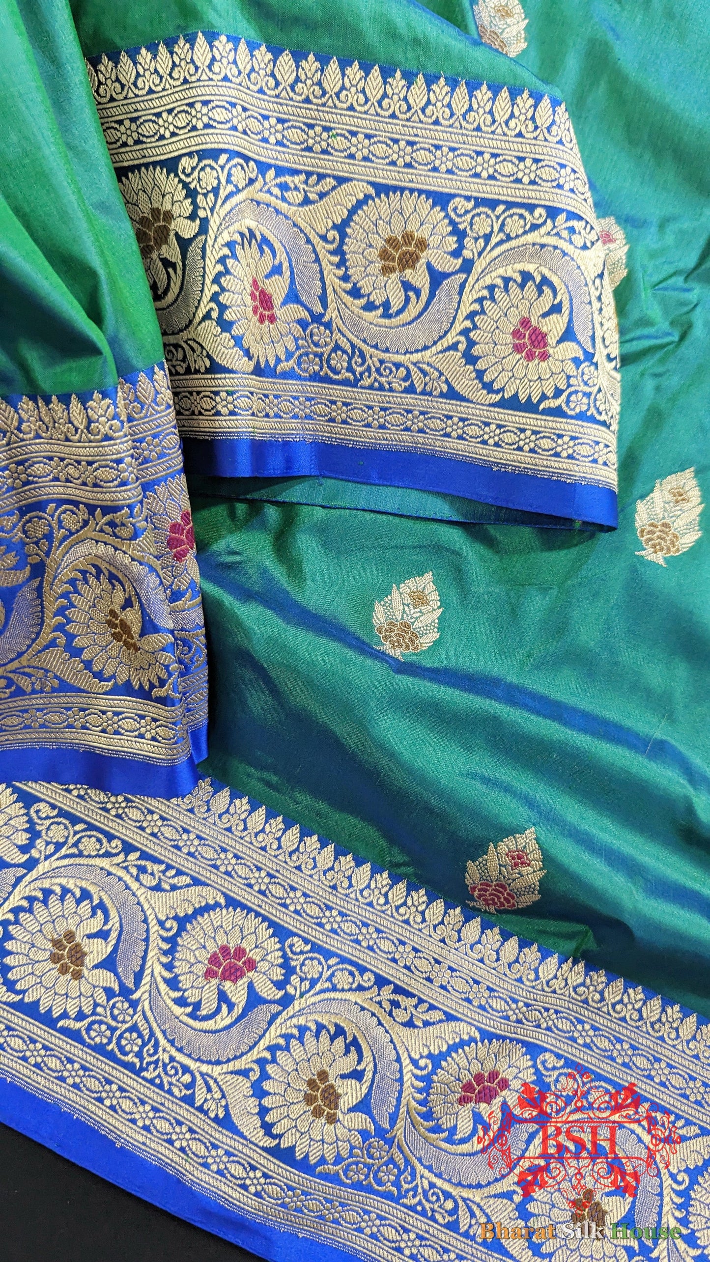 Pure Banarasi  Handloom Katan Silk Meenakari Antique Zari Saree In Shades Of Blue Pure Kataan Silk Bharat Silk House