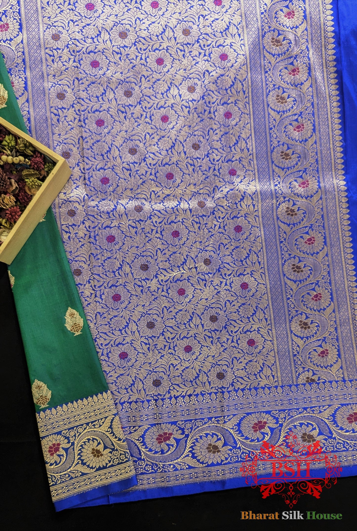 Pure Banarasi  Handloom Katan Silk Meenakari Antique Zari Saree In Shades Of Blue Pure Kataan Silk Bharat Silk House