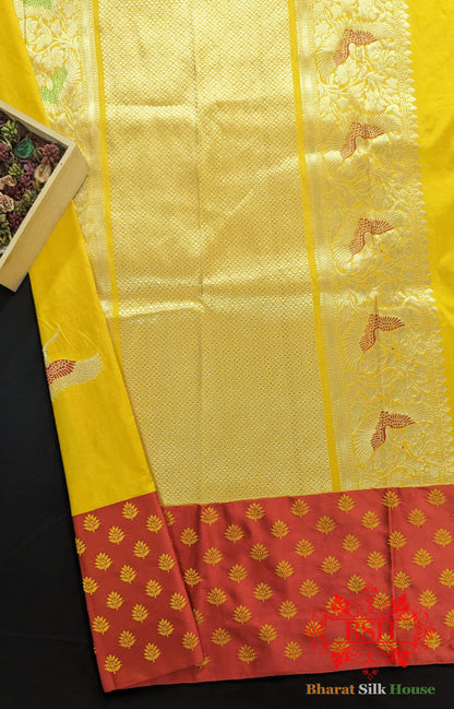 Pure Banarasi  Handloom Katan Silk Meenakari  Antique Zari Saree In Shades Of Gold Yellow Pure Kataan Silk Bharat Silk House