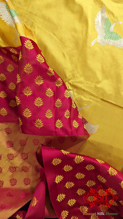 Pure Banarasi  Handloom Katan Silk Meenakari  Antique Zari Saree In Shades Of Gold Yellow Pure Kataan Silk Bharat Silk House