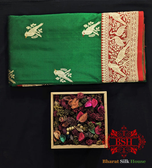 Pure Banarasi  Handloom Katan Silk Meenakari  Antique Zari Saree In Shades Of Green With Red Border Pure Kataan Silk Bharat Silk House