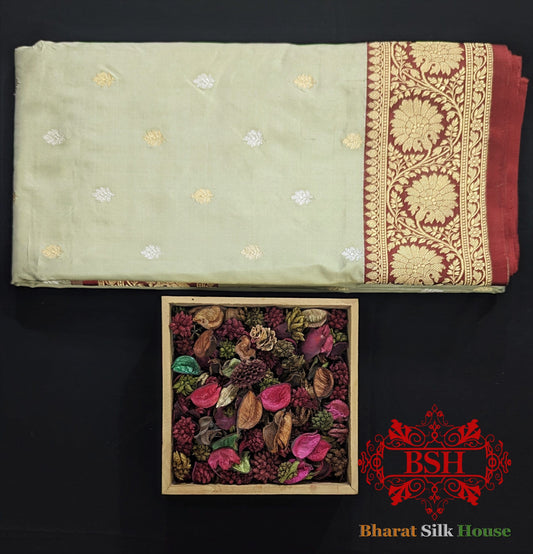 Pure Banarasi  Handloom Katan Silk Meenakari Antique Zari Saree In Shades Of Off White Pure Kataan Silk Bharat Silk House