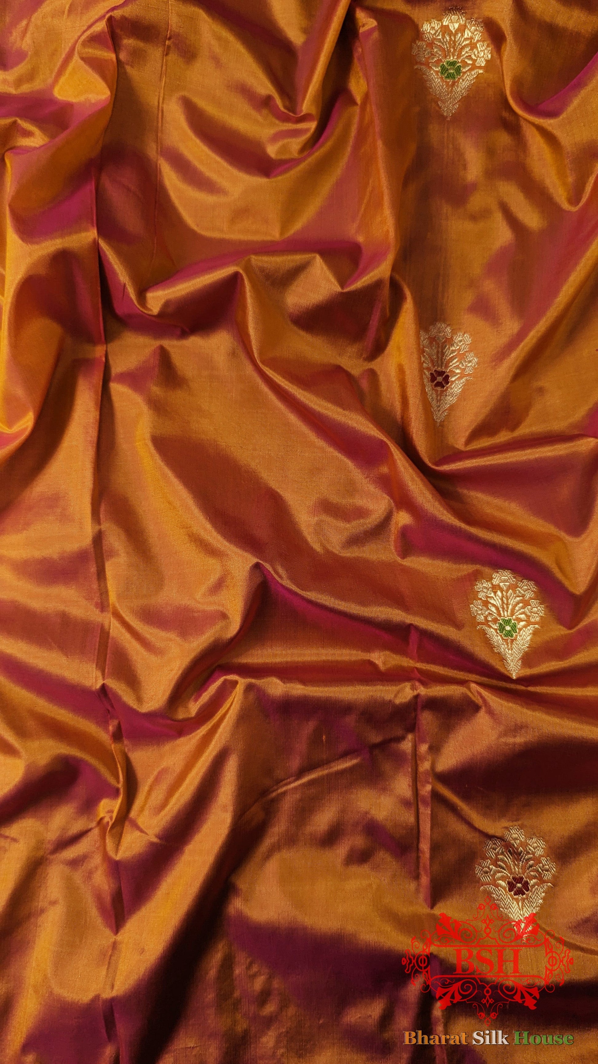 Pure Banarasi Handloom Katan Silk Meenakari Antique Zari Saree In Shades Of Orange Pure Kataan Silk Bharat Silk House