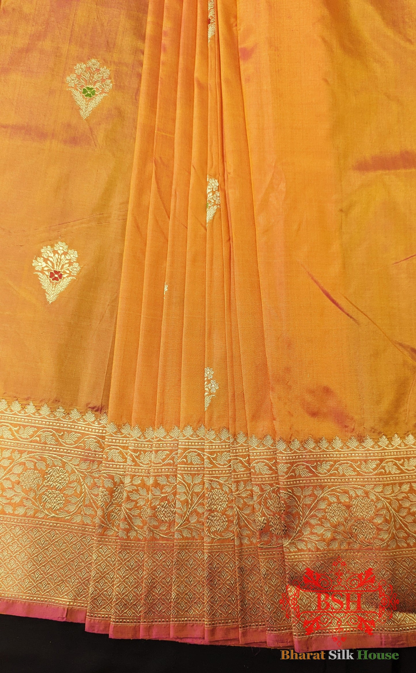 Pure Banarasi Handloom Katan Silk Meenakari Antique Zari Saree In Shades Of Orange Pure Kataan Silk Bharat Silk House