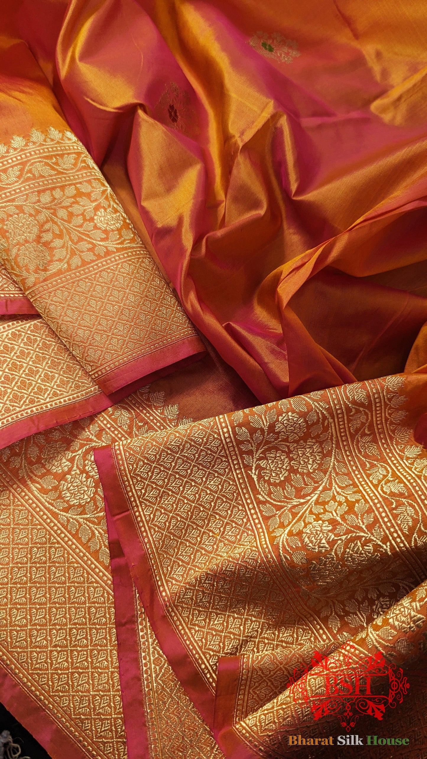 Pure Banarasi Handloom Katan Silk Meenakari Antique Zari Saree In Shades Of Orange Pure Kataan Silk Bharat Silk House