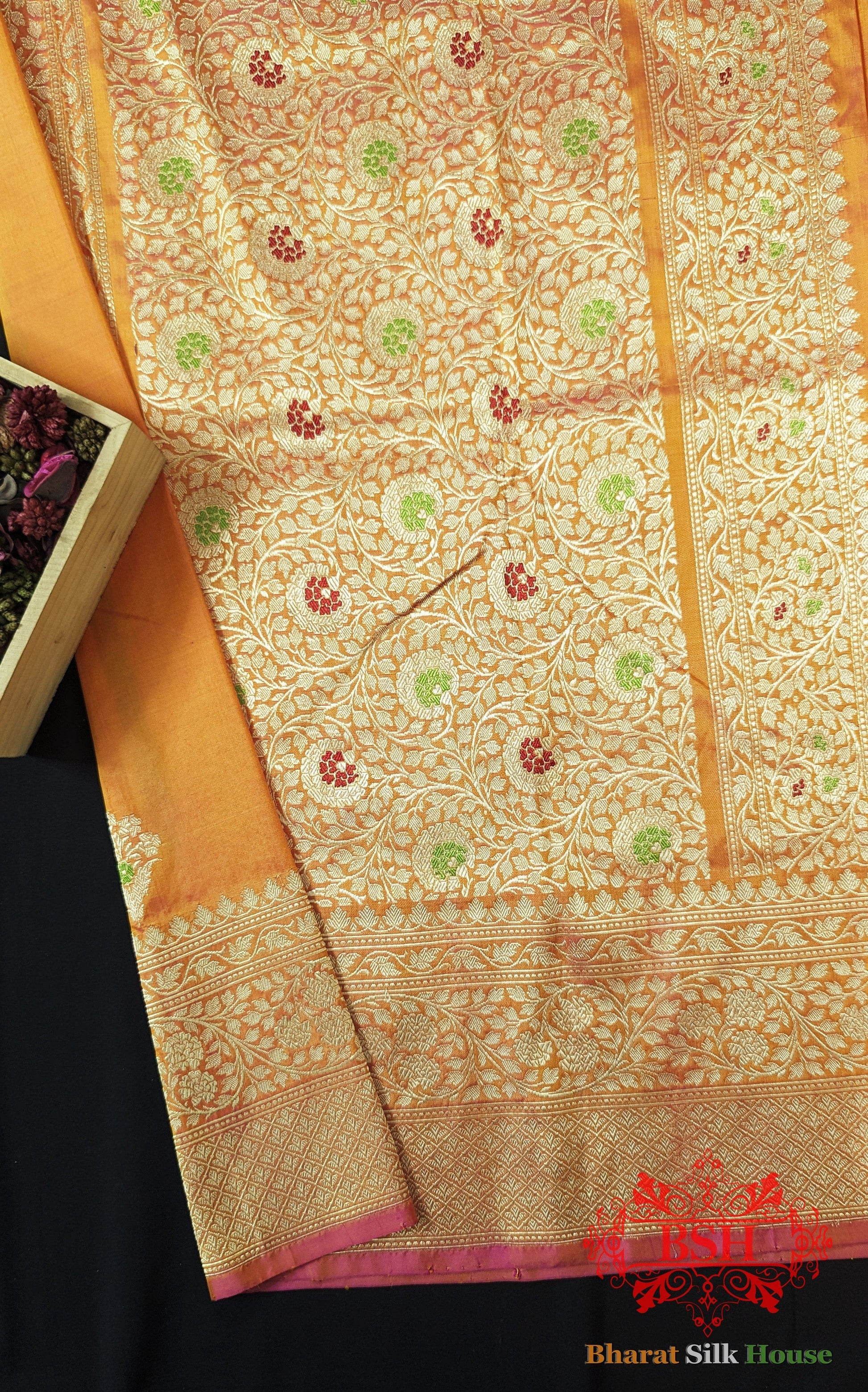 Pure Banarasi Handloom Katan Silk Meenakari Antique Zari Saree In Shades Of Orange Pure Kataan Silk Bharat Silk House