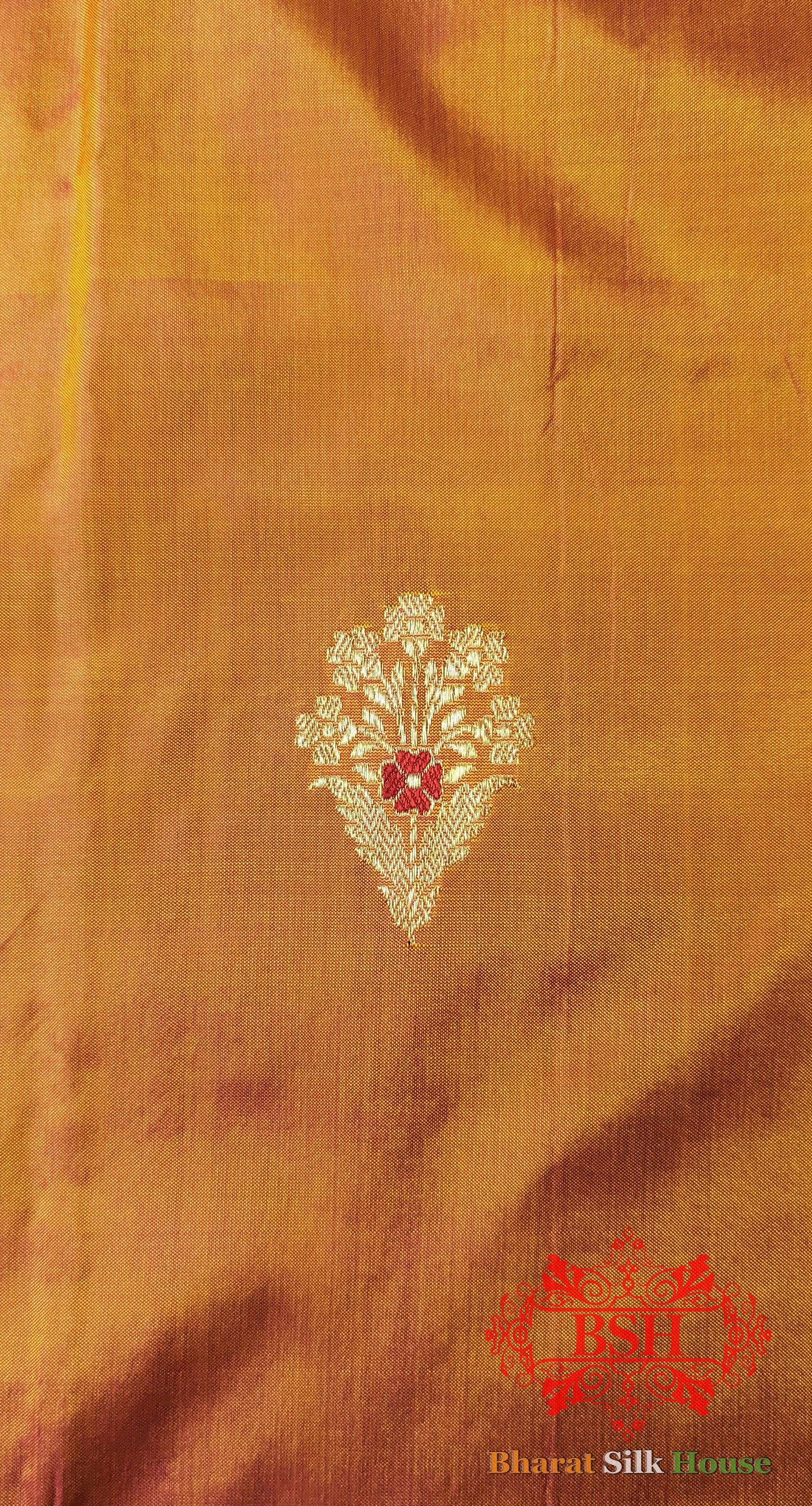 Pure Banarasi Handloom Katan Silk Meenakari Antique Zari Saree In Shades Of Orange Pure Kataan Silk Bharat Silk House