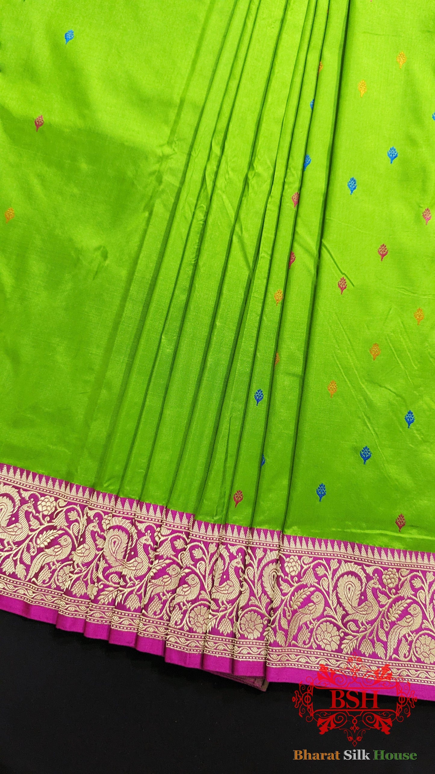 Pure Banarasi Handloom Katan Silk Meenakari  Antique Zari Saree In Shades Of Parrot Green Pure Kataan Silk Bharat Silk House