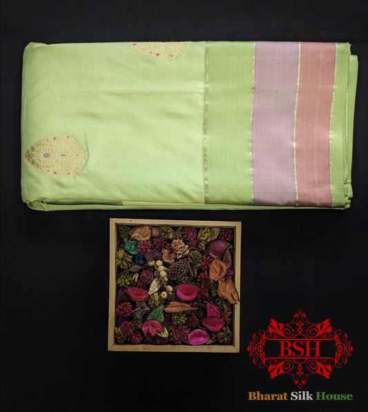 Pure Banarasi  Handloom Katan Silk  Meenakari Antique Zari Saree In Shades Of Pastel Green Pure Kataan Silk Bharat Silk House