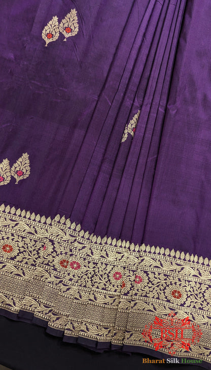 Pure Banarasi  Handloom Katan Silk Meenakari Antique Zari Saree In Shades Of Violet Pure Kataan Silk Bharat Silk House