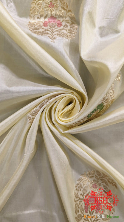 Pure Banarasi  Handloom Katan Silk Meenakari Antique Zari Saree In Shades Of White Pure Kataan Silk Bharat Silk House