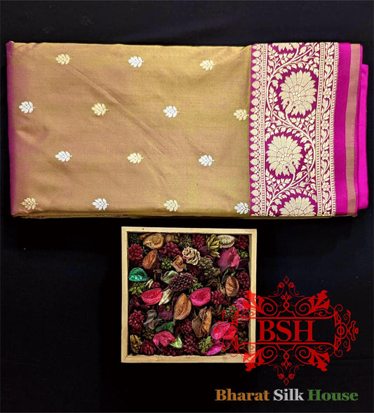 Pure Banarasi  Handloom  Silk  Meenakari Antique  Zari Saree In Shades Of  Cross Color Pure Kataan Silk Bharat Silk House
