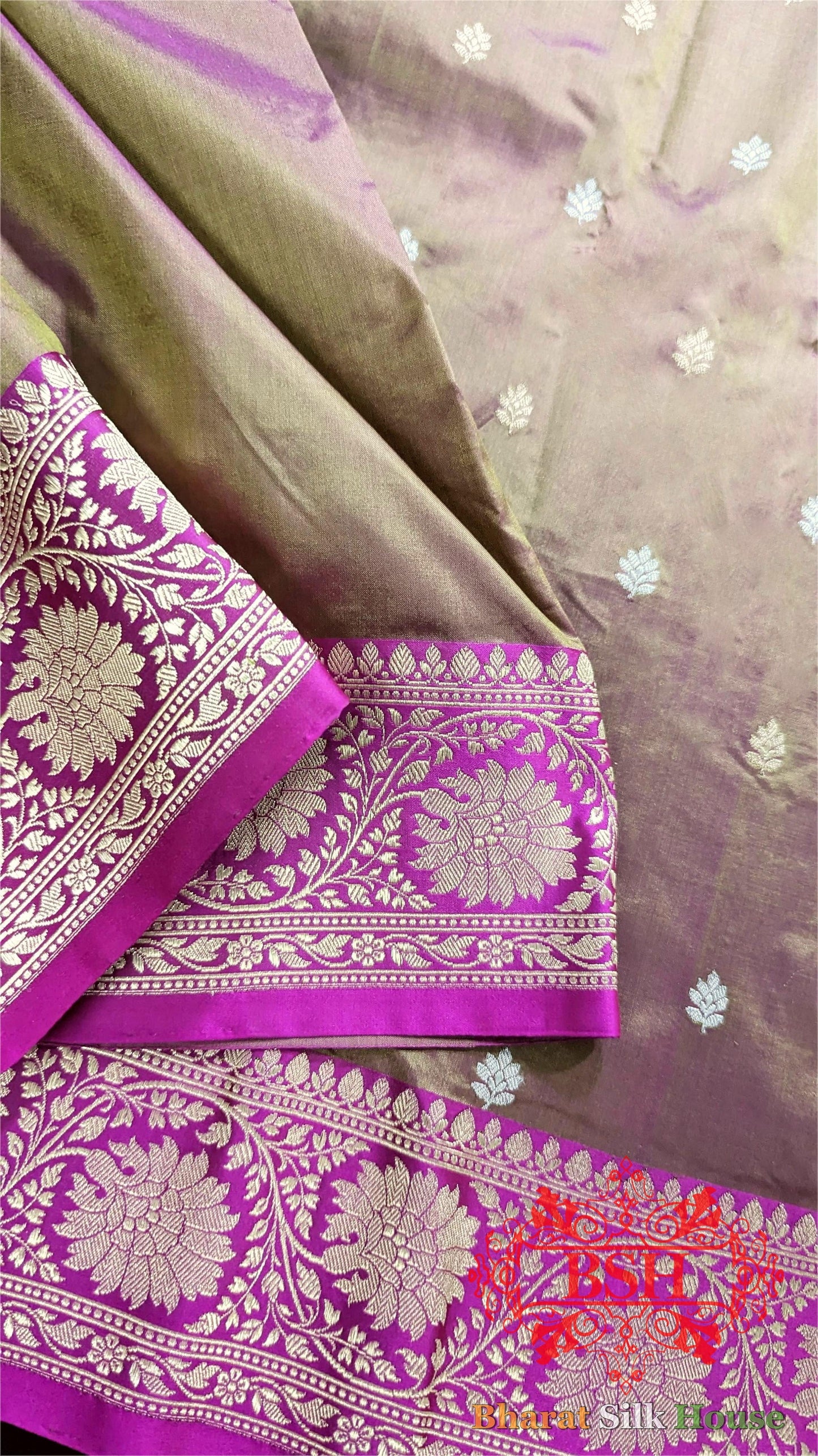 Pure Banarasi  Handloom  Silk  Meenakari Antique  Zari Saree In Shades Of  Cross Color Pure Kataan Silk Bharat Silk House