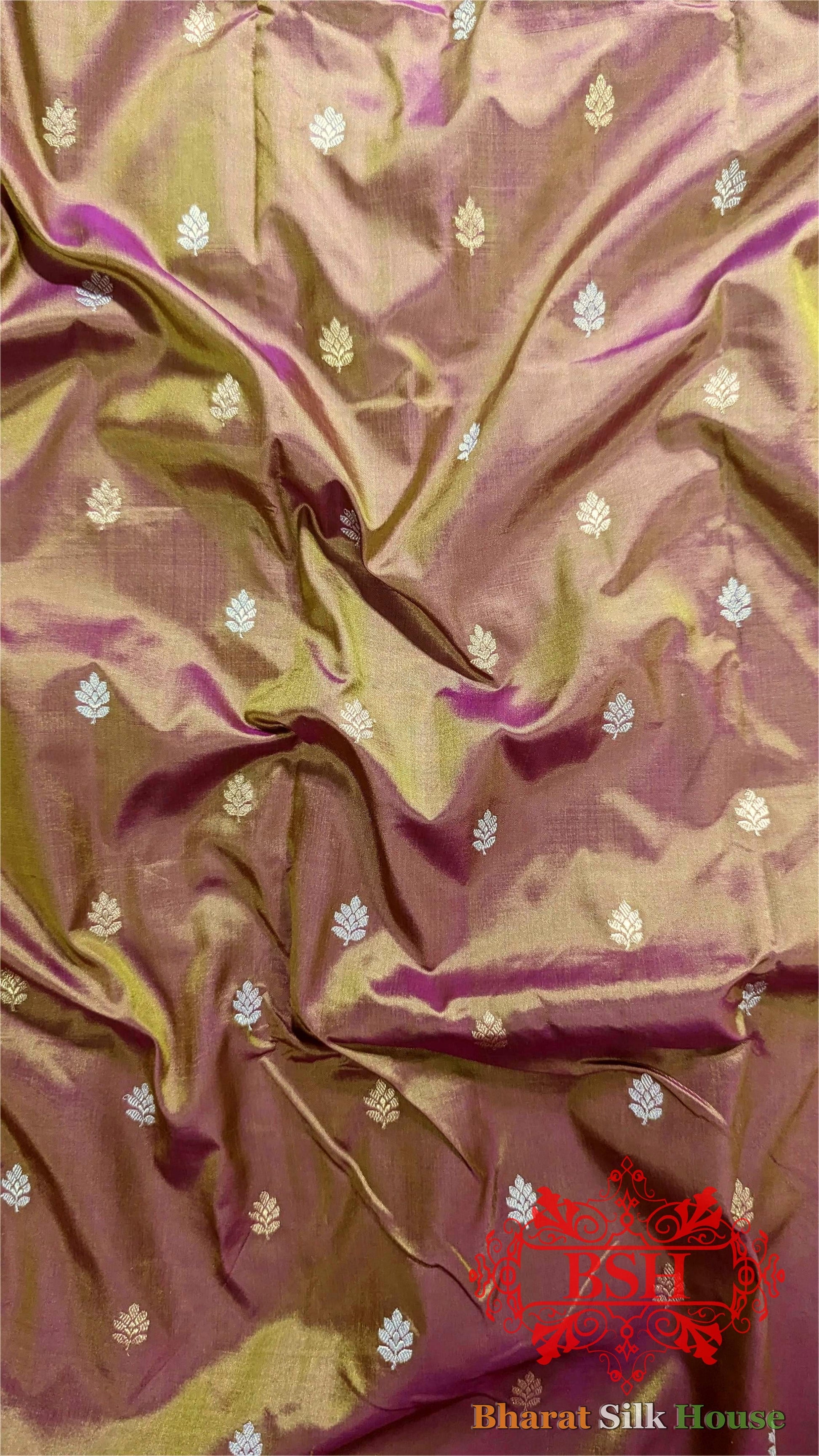 Pure Banarasi  Handloom  Silk  Meenakari Antique  Zari Saree In Shades Of  Cross Color Pure Kataan Silk Bharat Silk House