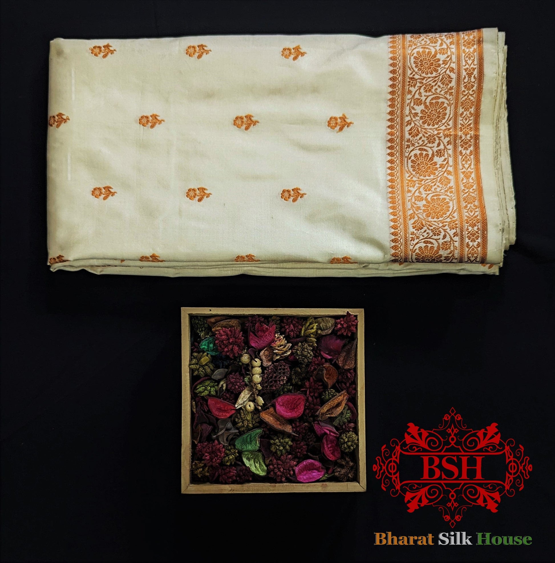 Pure Banrasi  Handloom Katan Silk Meenakari Antique Zari Saree In Shades Of Beige With Golden Border Pure Kataan Silk Bharat Silk House