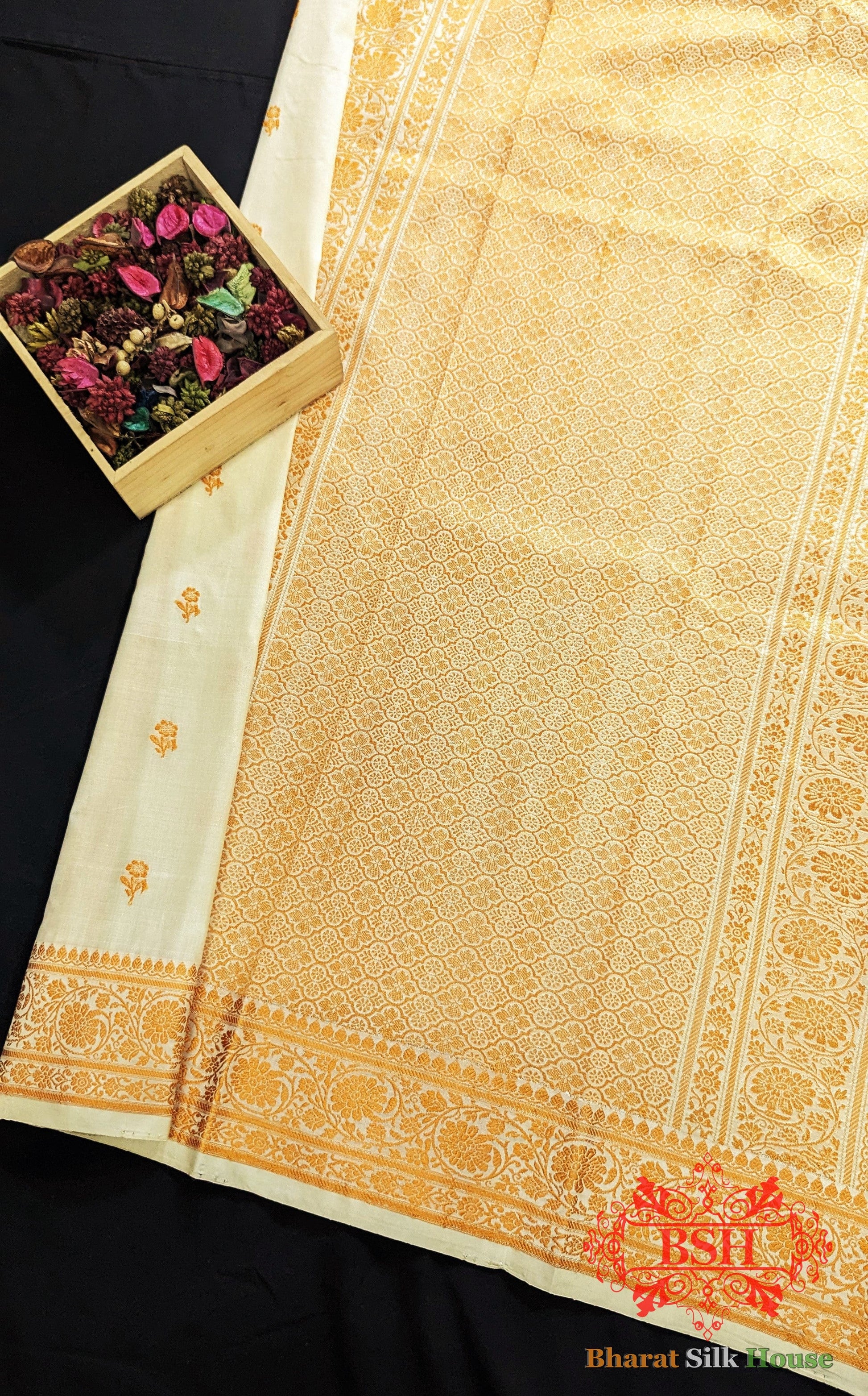 Pure Banrasi  Handloom Katan Silk Meenakari Antique Zari Saree In Shades Of Beige With Golden Border Pure Kataan Silk Bharat Silk House