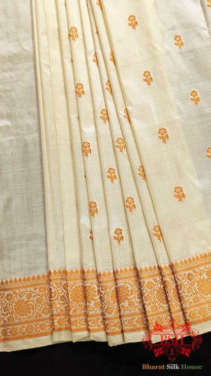 Pure Banrasi  Handloom Katan Silk Meenakari Antique Zari Saree In Shades Of Beige With Golden Border Pure Kataan Silk Bharat Silk House