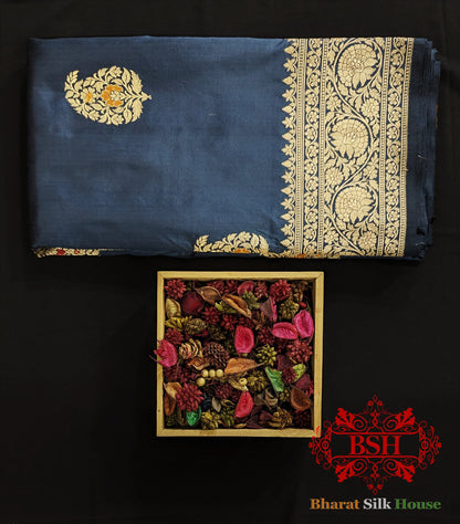 Pure Banrasi  Handloom Katan Silk Meenakari Antique Zari Saree In Shades Of Blue Pure Kataan Silk Bharat Silk House