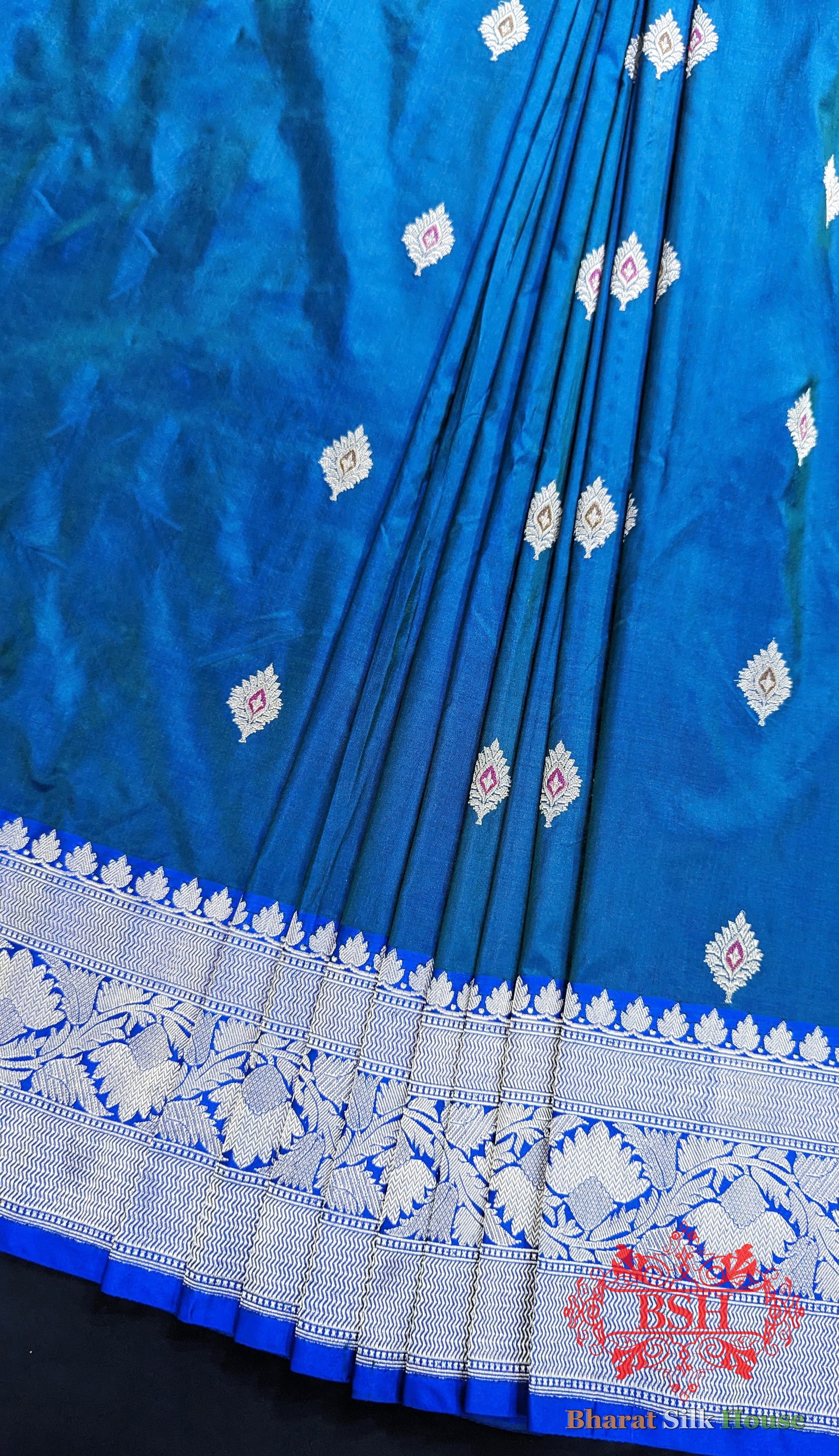 Pure Banrasi  Handloom Katan Silk Meenakari Antique Zari Saree In Shades Of Blue Pure Kataan Silk Bharat Silk House